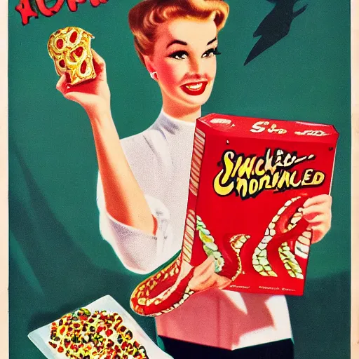 Prompt: a 1 9 5 0 s stylized advertisement for a snake themed cereal product, art, circa 1 9 5 0 s