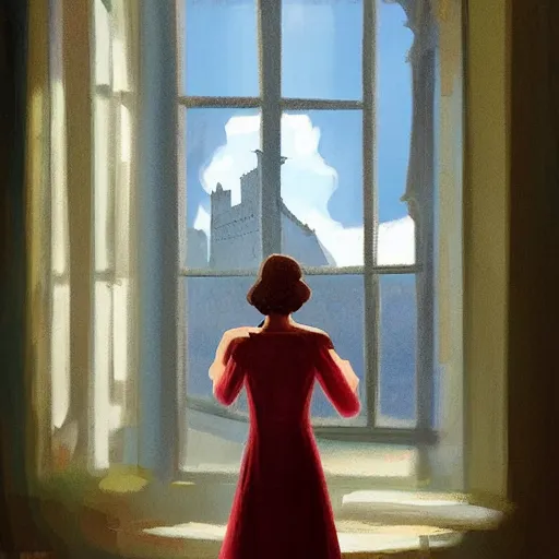 Image similar to a woman in an open dress royal dress looking out a castle window, ArtStation trending, detailed, digital art, calm colors, 1930s Childrens book