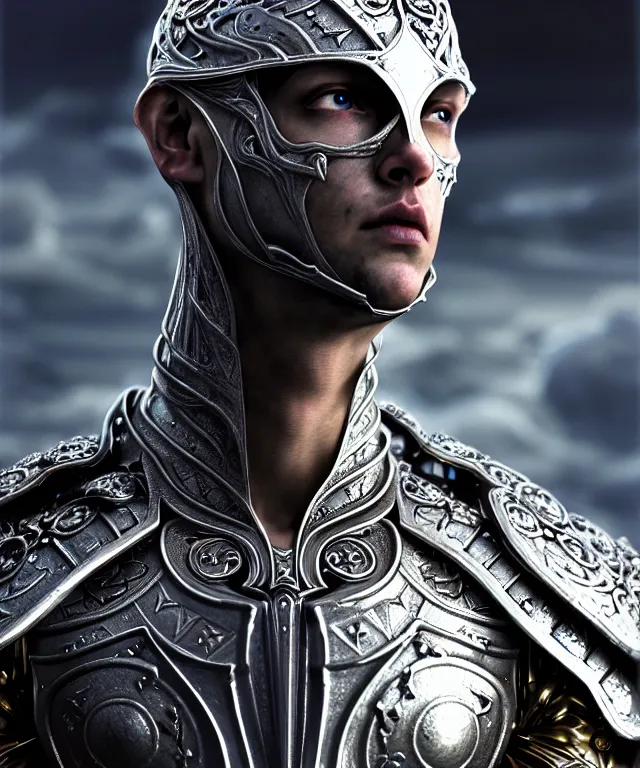 Prompt: hyperrealistic mixed media painting of a stoic male paladin, stunning 3d render inspired art by P. Craig Russell and Barry Windsor-Smith + perfect facial symmetry + dim volumetric lighting, ornate gothic silver platemail, dizzy, full body, 8k octane beautifully detailed render, post-processing, extremely hyperdetailed, intricate, epic composition, grim yet sparkling atmosphere, cinematic lighting + masterpiece, trending on artstation, very very detailed, masterpiece, stunning