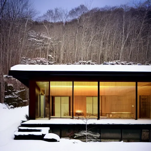 Image similar to “extravagant luxury mountain home, in Karuizawa, by Tadao Ando, modern rustic, at dusk, luxury lighting”