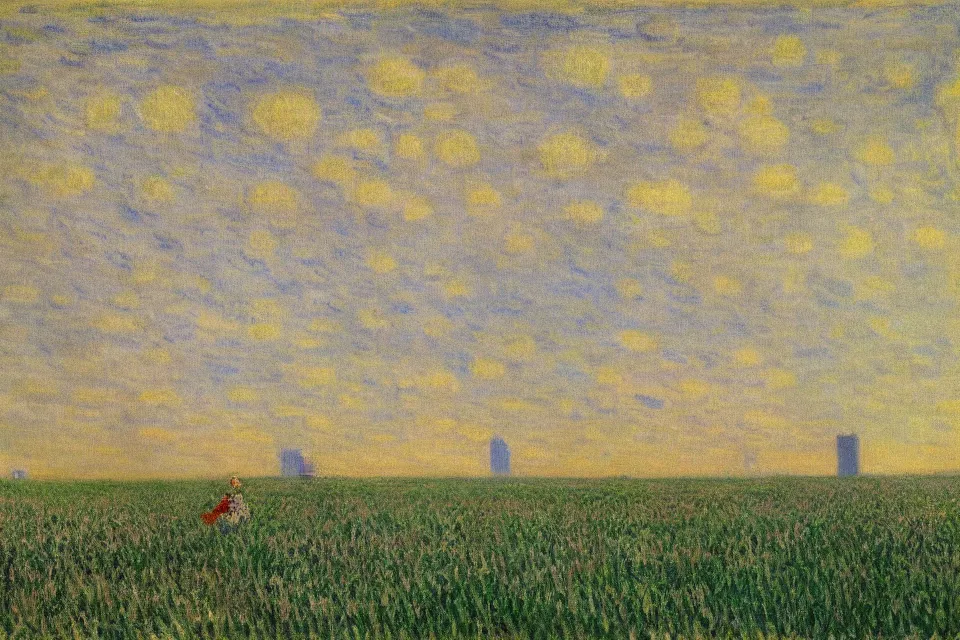 Prompt: sci-fi painting of many skyscraper in distant mirage, on the vast wheat fields, one kid on the ground, by Monet, godrays, detailed