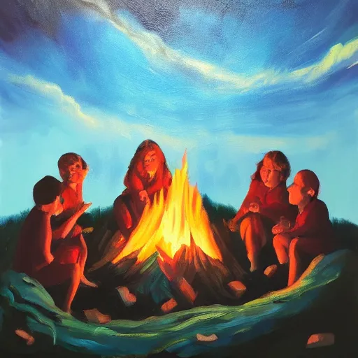 Image similar to angels in the sky looking down on earth at 6 people around a campfire at night, oil paint on canvas