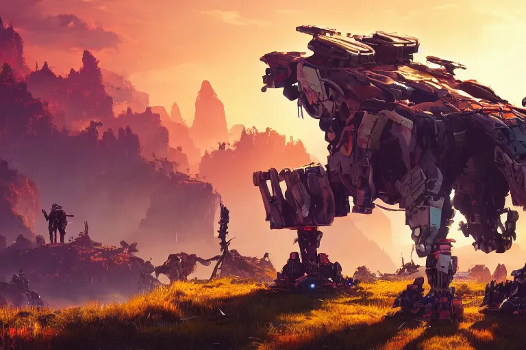 Image similar to scrapper machine mecanical creature robot of horizon forbidden west horizon zero dawn radiating a glowing aura global illumination ray tracing hdr fanart arstation by ian pesty and alena aenami artworks in 4 k