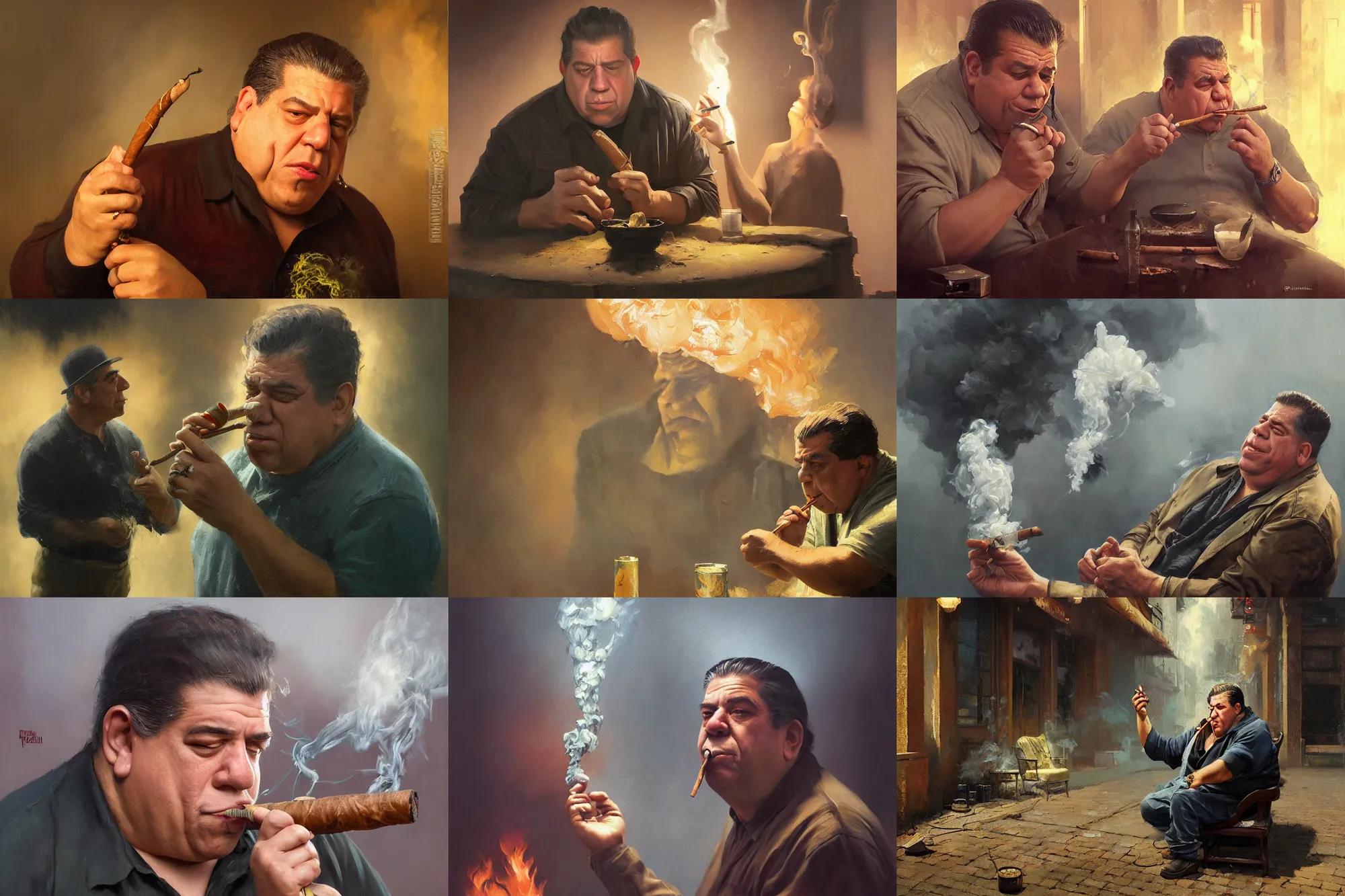 Prompt: an oil painting of uncle joey diaz smoking a cuban cigar, ultra realistic, highly detailed, masterpiece, cinematic by greg rutkowski, frank frazetta, beeple, christian macnevin, beeple, wlop, krenz cushart, epic fantasy character art, volumetric lighting, cgsociety