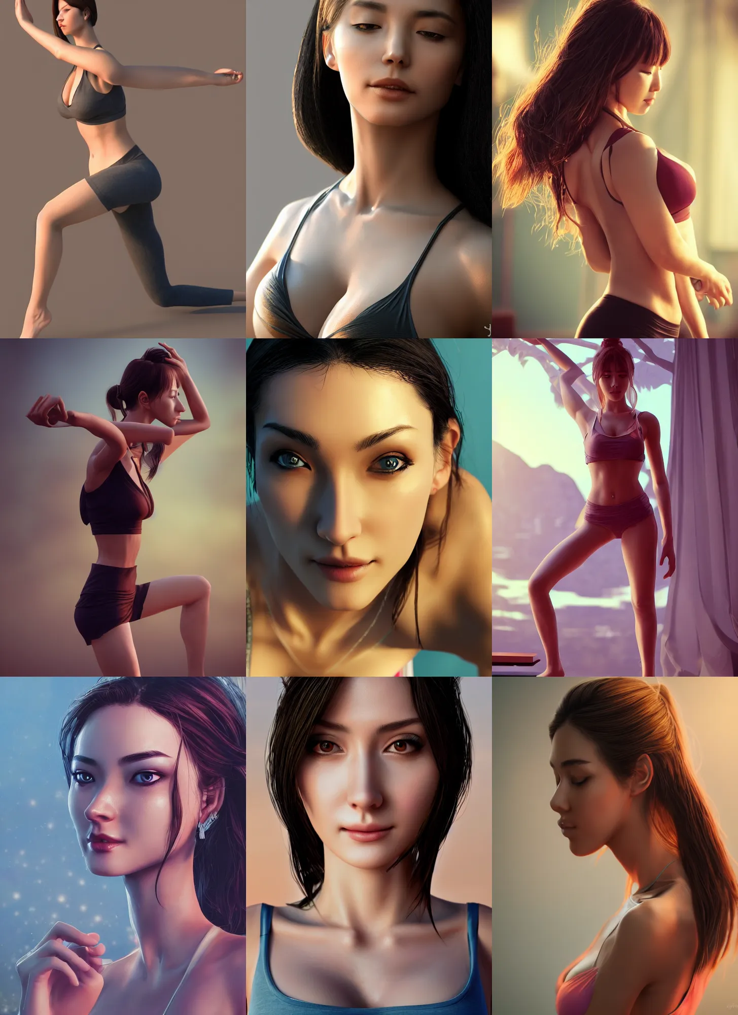 Prompt: very detailed photo of alluring yoga instructor, beautiful, pretty face, slender, 4 k, cinematic lighting, highly detailed, sharp focus, artstation, masterpiece, art by hyungjin yang