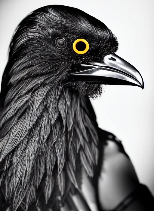 Image similar to a stunning young female crow mixed cyborg profile face, face is made intricate tribal bio - mechanical, editorial photography, bw, shot on 7 0 mm, depth of field, f / 2. 8, high contrast, 1 6 k, volumetric lighting, shiny, insanely detailed and intricate, hypermaximalist, elegant, ornate, hyper realistic, super detailed