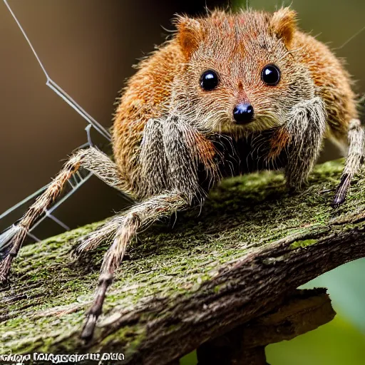 Image similar to spider quokka hybrid, weaving an intricate web, 🕷, happy, bold natural colors, national geographic photography, masterpiece, in - frame, canon eos r 3, f / 8. 0, iso 2 0 0, 1 / 1 6 0 s, 8 k, raw, unedited, symmetrical balance, wide angle