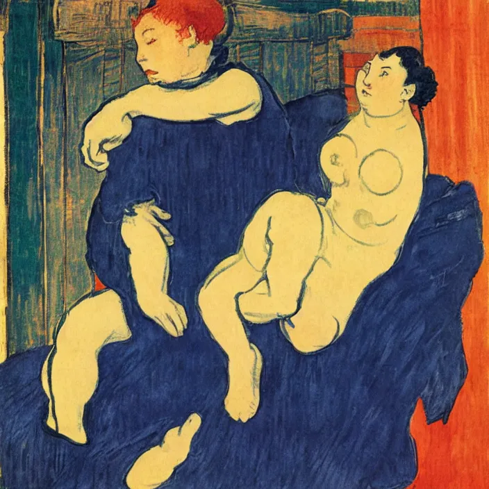 Image similar to couple under a baldachin. deep indigo blue colors, fuzzy black cat. henri de toulouse - lautrec, utamaro, emil nolde, matisse, rene magritte