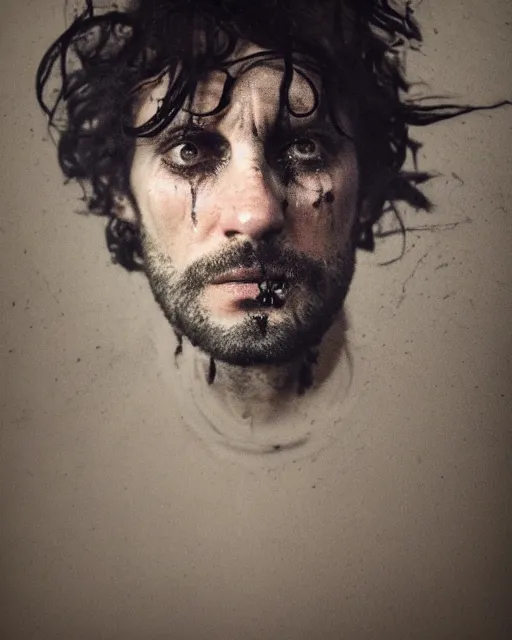 Prompt: an instant photo of a handsome but creepy man in layers of fear in devonshire, with haunted eyes and wild hair, 1 9 7 0 s, seventies, wallpaper, moorland, a little blood, moonlight showing injuries, delicate embellishments, painterly, offset printing technique, by mary jane ansell