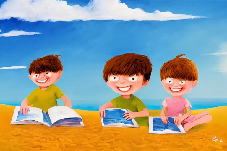 Prompt: Two happy children sitting on the beach making sandcastles, blue sky, children's book, HD, by Benji Davies