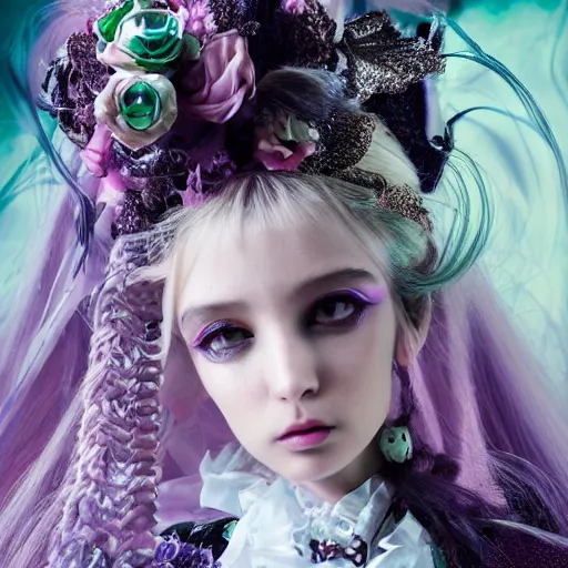 Image similar to Ethereal, mysterious stunning maximalist mesmerizing girl from the rainbow sky paradise, high-tech, professional high fashion model photo shoot for Victorian gothic lolita fashion, hyperdetailed by Mark Ryden and artgerm and Hiroyuki-Mitsume Takahashi, close-up 35mm macro shot, hyperrealism, 8k resolution 3D, cinematic, dynamic lighting, octane render, unreal engine 5