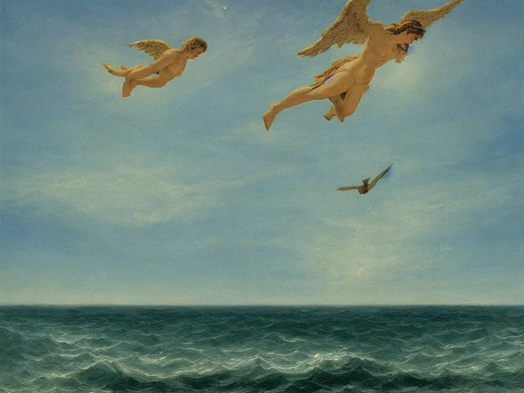 Prompt: dominion angel in the sky flying on the sea painted by caspar david friedrich