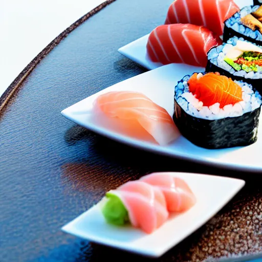 Prompt: photo realistic, sharp, closeup of a sophisticated glass platter of assorted sushi, on a balcony table overlooking the ocean at sunset