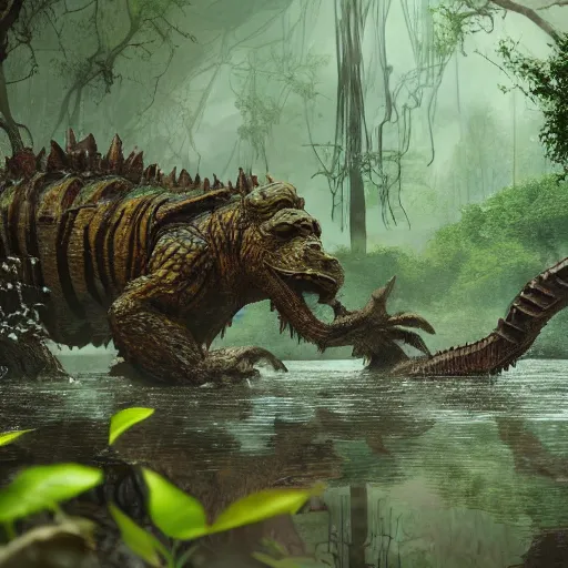 Prompt: A photograph of a giant monster lurking in the swamp, crocodile, mangrove swamp, murky water, (vines), gorilla, trending on artstation, bog, ((tiger)), Godzilla, (((dragonfly))), ((mist)), bugs