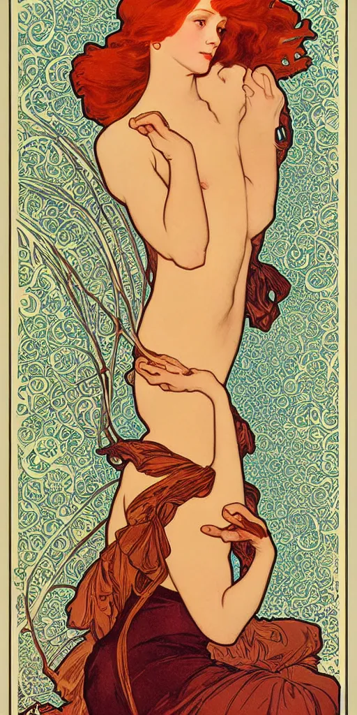 Prompt: highly detailed redhead woman poster style by designer alphonse mucha, maxfield parrish