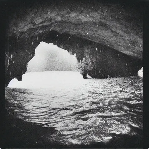 Image similar to a flooding cave, creepy, eerie, unsettling, terrifying, jagged rocks, dark, grainy, noisy, slightly blurry, polaroid, deep!!!!!, dark!!!