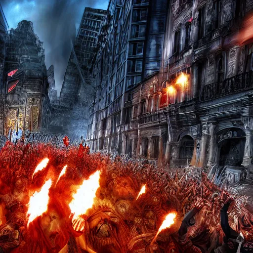 Image similar to city of hell, heavy metal rock city of hell, people in the city headbanging and marching like they do in a moshpit, realistic, hdr, clear image, hdd, dynamic lighting, rtx on,