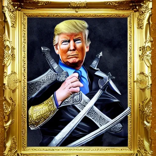 Prompt: donald trump wearing knights armor, holding one broadsword, by hans holdein, donald trumps highly detailed handsome face, two arms, two legs