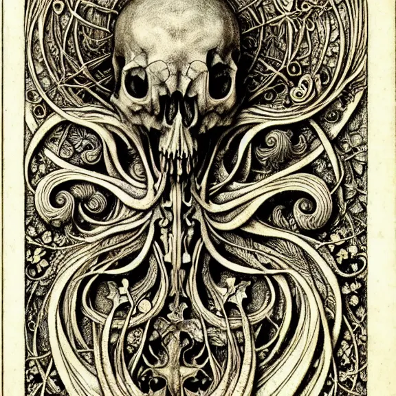 Image similar to memento mori by arthur rackham, art forms of nature by ernst haeckel, exquisitely detailed, art nouveau, gothic, ornately carved beautiful skull dominant, intricately carved antique bone, art nouveau botanicals, ornamental bone carvings, art forms of nature by ernst haeckel, horizontal symmetry, arthur rackham, ernst haeckel, symbolist, visionary