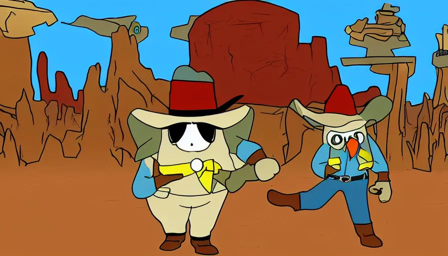 Image similar to 2000s cartoon show screenshot about a gunslinging owl from the wild west, wearing a cowboy hat an eye mask, standing in an old west town the animated show, in the style of cowboys of moo mesa