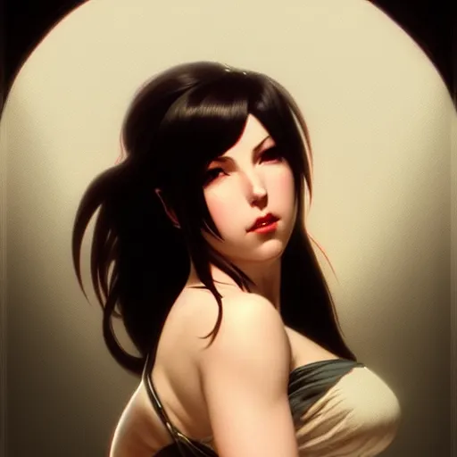 Image similar to of Tifa Lockheart, dark fantasy, medium shot, intricate, elegant, highly detailed, digital painting, volumetric light, artstation, concept art, smooth, sharp focus, illustration, art by Gil Elvgren and Greg Rutkowski and Alphonse Mucha