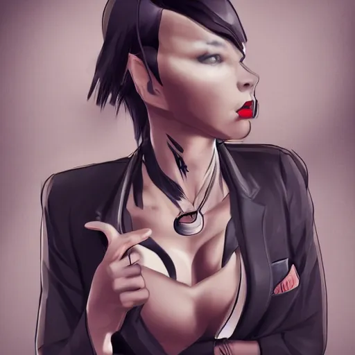 Image similar to beautiful punk warrior woman in business suit, low camera angle, intimidating pose, concept art, high definition details, symmetrical, twilight lighting, volumetric lighting, trending on art station