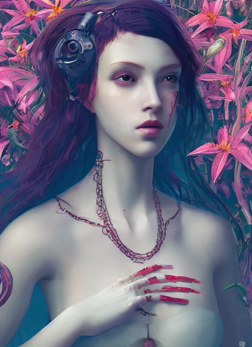 Prompt: Robot girl with red hair game style CYBERPUNK 2077 , a very beautiful portrait, Pre-Raphaelite style , girl enveloped in lily flowers, photorealism