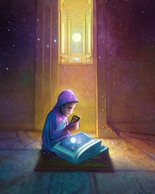 Image similar to bedouin child reading the quran inside of the mosque in the galaxy surrounded by nebula, highly detailed, gold filigree, romantic storybook fantasy, soft cinematic lighting, award, disney concept art watercolor illustration by mandy jurgens and alphonse mucha and alena aenami, pastel color palette, featured on artstation