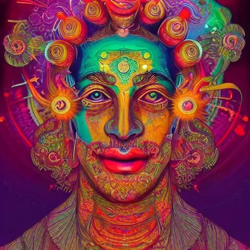 Prompt: An extremely psychedelic experience, colorful, surreal, chromostereopsis, Hindu God Shiva, LSD, face, intricate, elegant, highly detailed, digital painting, artstation, concept art, smooth, sharp focus, illustration, art by Sam Spratt, Dan Mumford, Artgerm and Alphonse Mucha