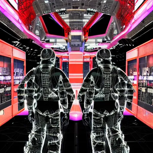 Image similar to love, diverse radiation cybersuits, from behind, radio rituals, wide wide angle, vivid, elaborate, highly detailed, beautiful lighting