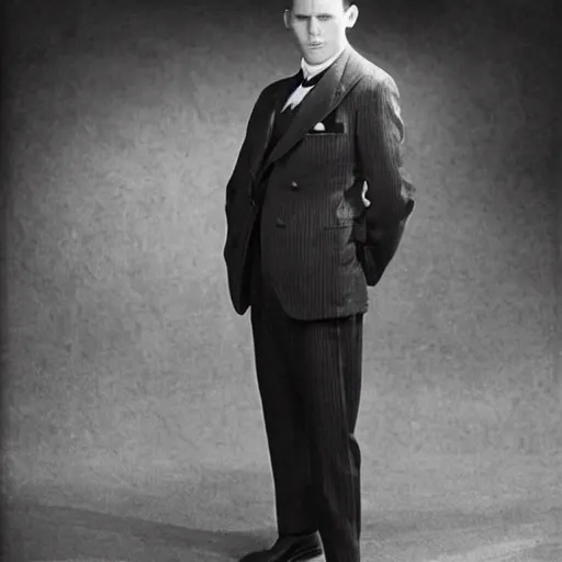 Prompt: A photograph portrait of Jerma985 wearing a suit with short slicked hair in the early 1930s, taken in the early 1930s, grainy, taken on a early 1930s Kodak Camera, realistic, hyperrealistic, very realistic, highly detailed, very detailed, extremely detailed, detailed, digital art, trending on artstation