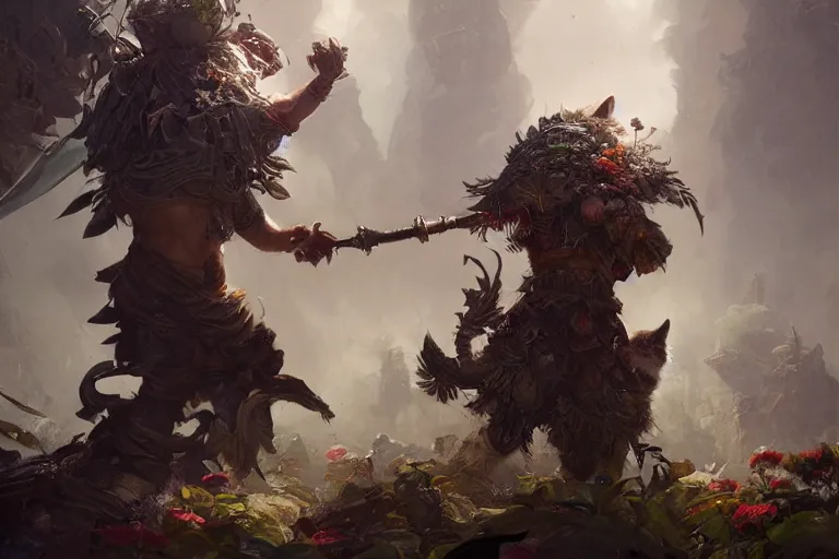 Prompt: a muscular tunesian man wearing plants as armor fighting a fluffy cat wearing a crown and cape wielding a scepter, fantasy, digital painting, volumetric light, intricate, sharp, focus, bloom, illustration, highly detailed, concept art, matte, ruan jia, randy vargas, greg rutkowski