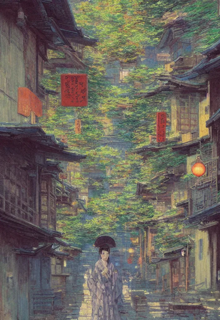 Image similar to a beautiful japanese city in the mountain, amazing ryokans and gorgeous edo era houses, epic cyberpunk, lofi vibe, colorful, vivide colors, amazing light, really beautiful nature, oil painting in impressionist style, by jeremy lipkin, by claude monet, by makoto shinkai, multiple brush strokes, inspired by ghibli, masterpiece, beautiful