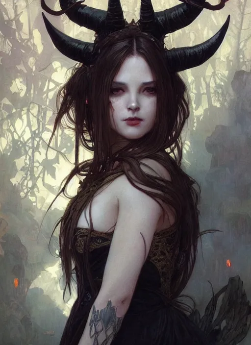 Image similar to a beautiful illustration of a satanic witch with horns in head, intricate, sharp focus, illustration, highly detailed, digital painting, concept art, matte, art by wlop and artgerm and greg rutkowski and alphonse mucha, masterpiece