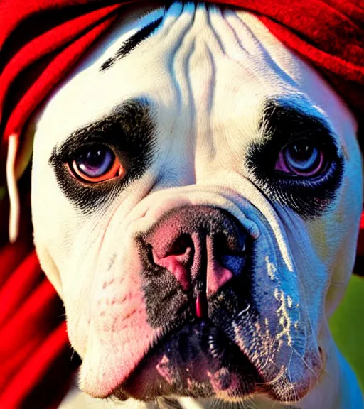 Image similar to portrait of american bulldog as afghan girl, green eyes and red scarf looking intently, photograph by steve mccurry