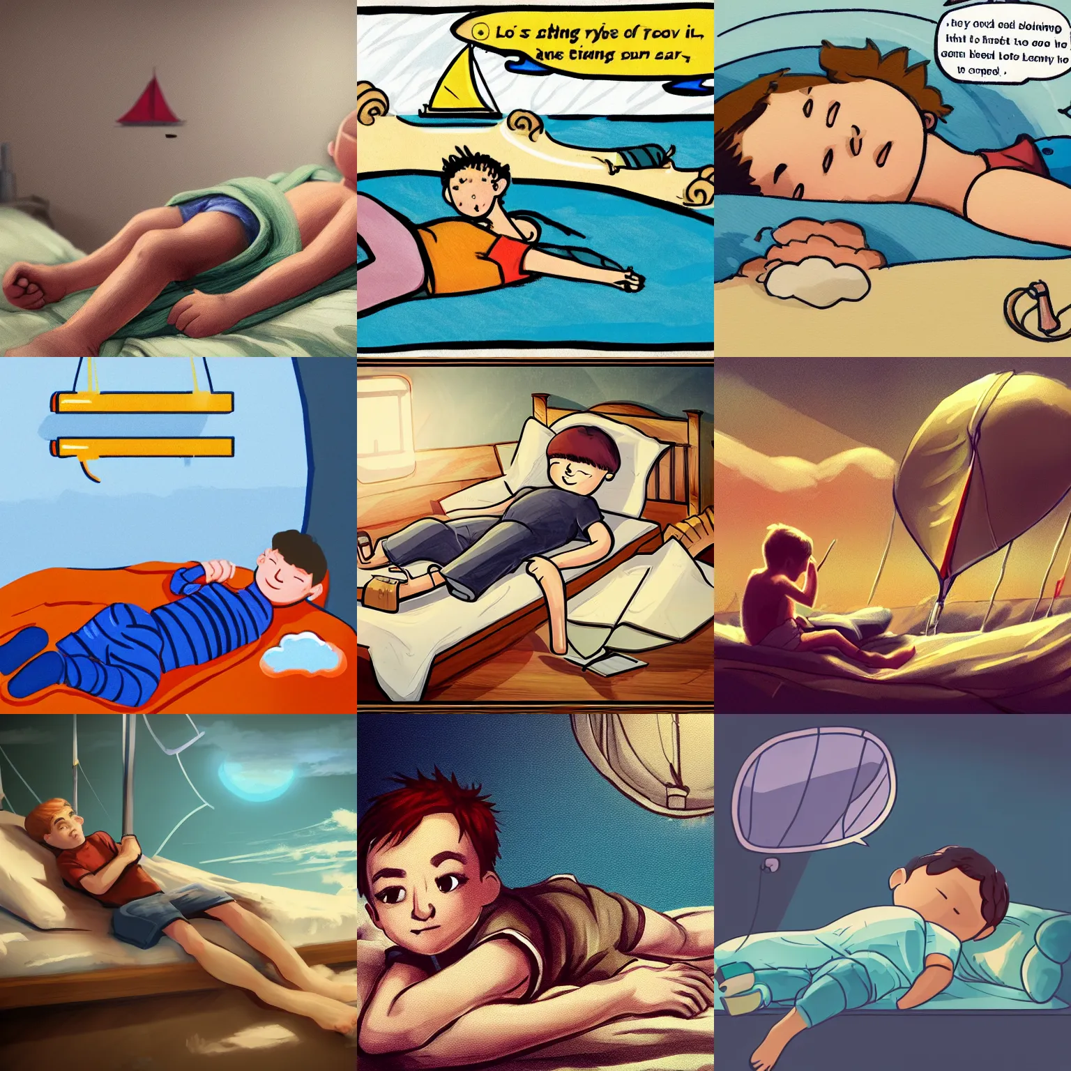 Prompt: Boy is lying on the bed, dreaming about sailing in speech balloon, featured on artstation, high-quality, concept art