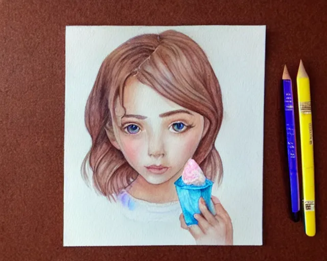 Image similar to a girl with the ice cream watercolor colored pencil painting trending on artstation