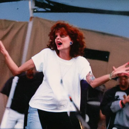 Prompt: 1 9 9 0 s video still of susan sarandon, wearing hip hop urban clothing, rapping on stage at a small outdoor concert, vhs artifacts
