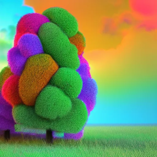 Image similar to Colorful fluffy trees made of fur in a field, Cinema4D render, volumetric lighting