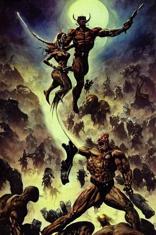 Prompt: “ an epic scene of a muscular warrior and a beautiful alien princess standing on top of a pile of corpses while fighting off mutant alien attackers, scifi painting by frank frazetta, fantasy, science fiction ”