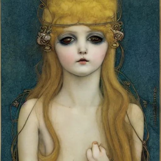 Image similar to portrait of a porcelain doll, illustration by Brian Froud and John Bauer, Art Nouveau composition