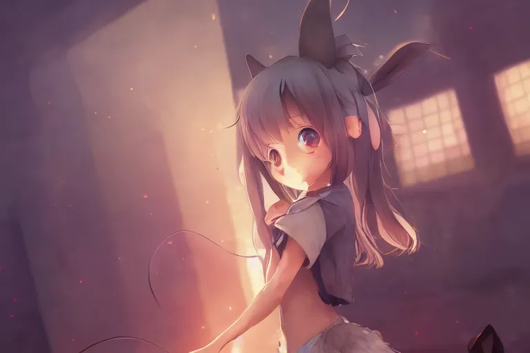 Image similar to cute anime rat girl with rat ears and tail, single subject, scenic full shot, ambient lighting, detailed face, by makoto shinkai, stanley artgerm lau, wlop, rossdraws