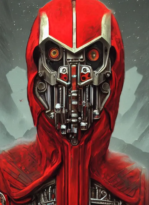 Image similar to portrait of human face adeptus mechanicus in red hood and robe from Warhammer 40000. Highly detailed, artstation, illustration by and John Blanche and zdislav beksinski and wayne barlowe