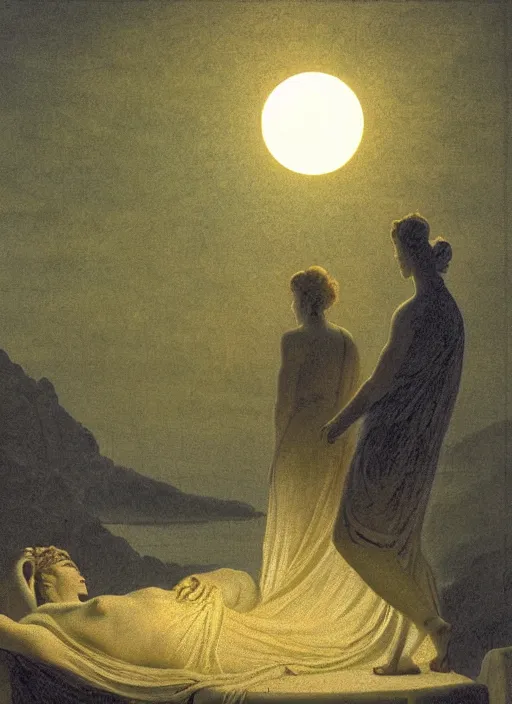 Image similar to three hazy backlit silhouettes of ancient greek venus observing an eclipse at dusk, painted by caspar david friedrich