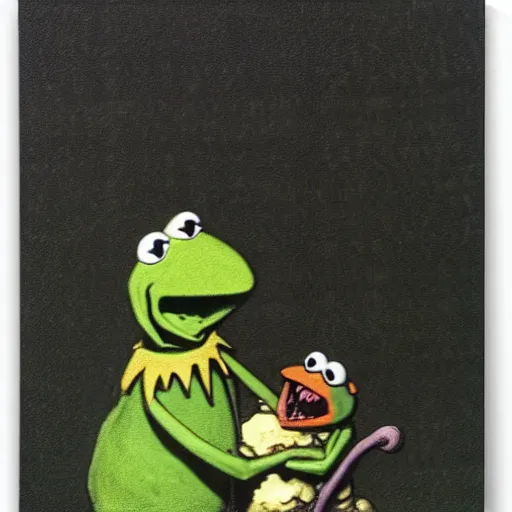 Image similar to “Kermit the Frog Devouring His Son” by Francisco Goya