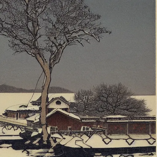 Prompt: Yuanmingyuan with snow, Kawase Hasui