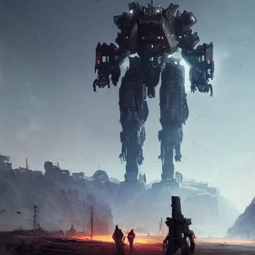 Image similar to giant robots in a post apocalyptic earth as seen by greg rutkowski, dark theme, enchanted, warm colors, high quality, waw, trending on artstation