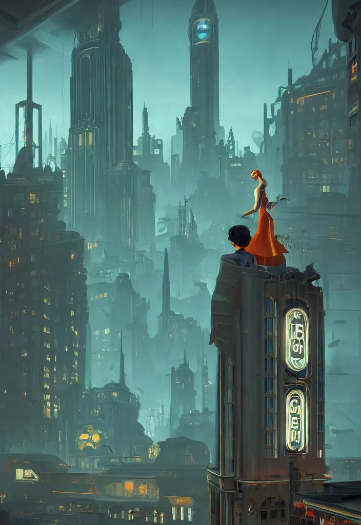 Image similar to a concept art painting of art deco bioshock style city with a woman with back to camera looking out of a window by tuomas korpi, pablo carpio, gilles beloeil, cedric peyravernay, 1 9 6 0's, trending on artstation, highly detailed, atmospheric, directional lighting, cinematic