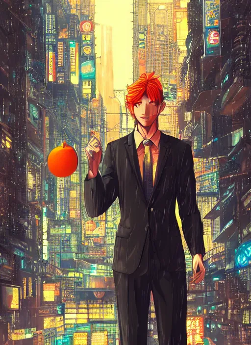 Prompt: manga cover, man with an orange fruit for a head, business suit, intricate cyberpunk city, rain, emotional lighting, character illustration by tatsuki fujimoto