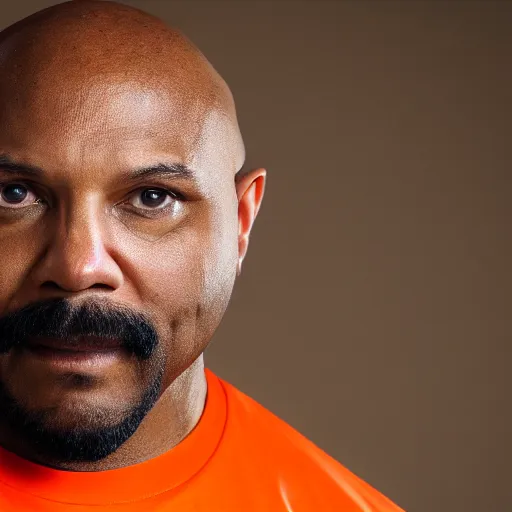 Image similar to a muscular bald middle aged black man with a goatee in an orange gym shirt, high quality portrait